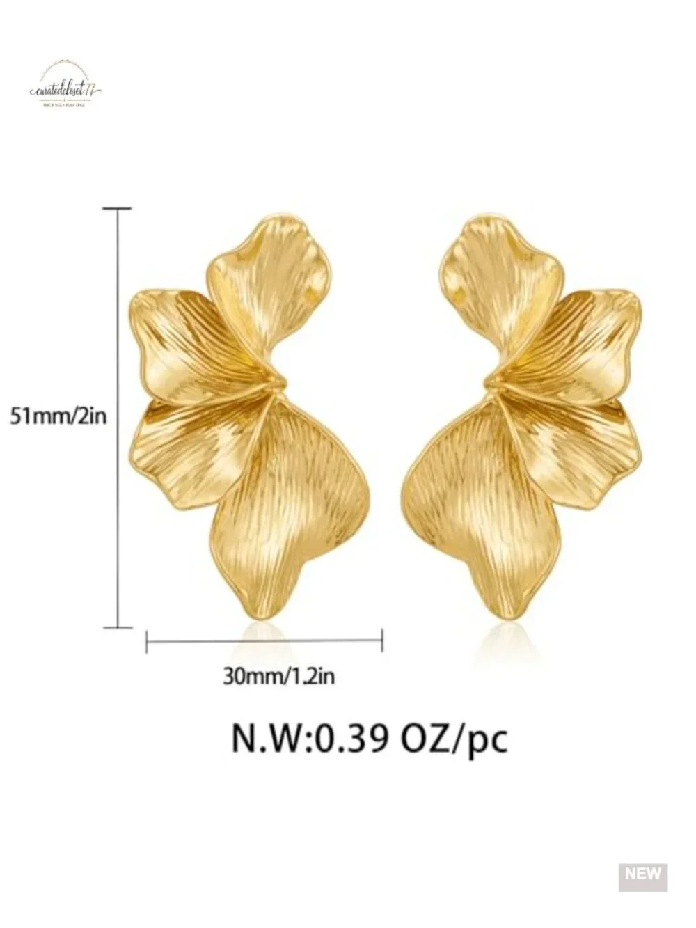 Chunky Gold Plated Sectored Flower Leaf Dangle Earrings Hypoallergenic